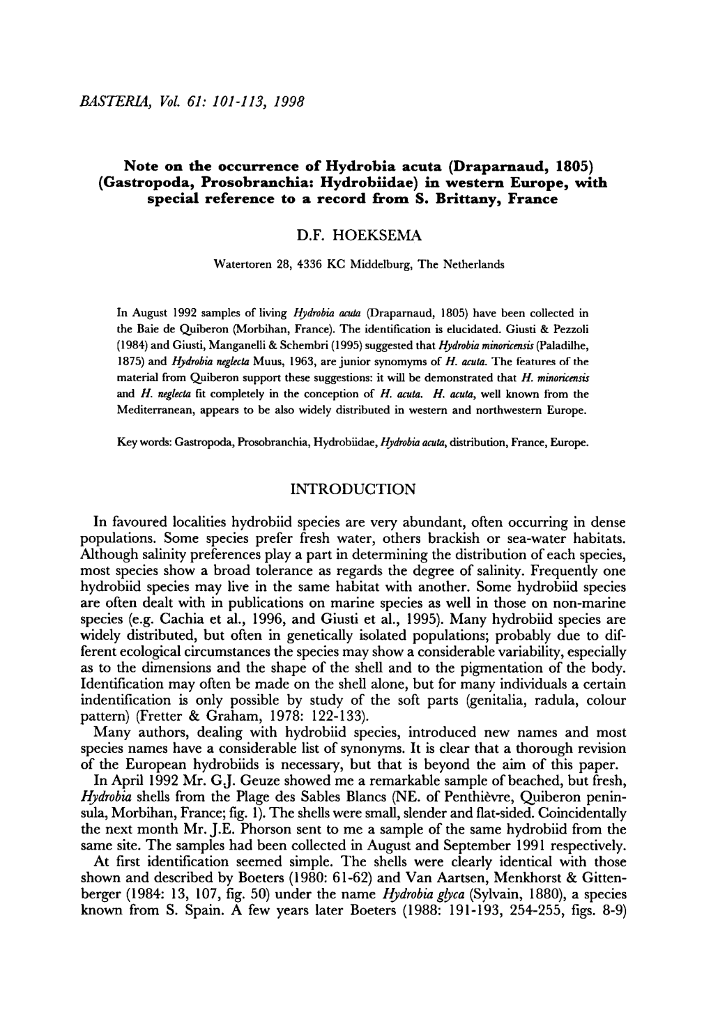 BASTERIA, 101-113, 1998 Hydrobia (Draparnaud, 1805) (Gastropoda