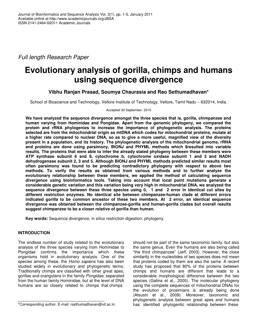 Evolutionary Analysis of Gorilla, Chimps and Humans Using Sequence Divergence