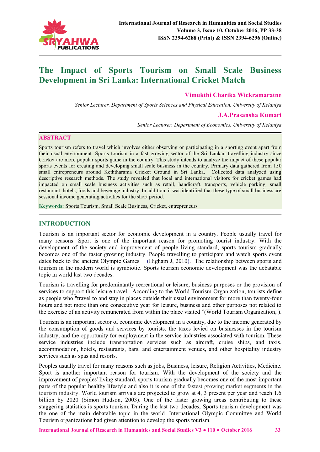 The Impact of Sports Tourism on Small Scale Business Development in Sri Lanka: International Cricket Match
