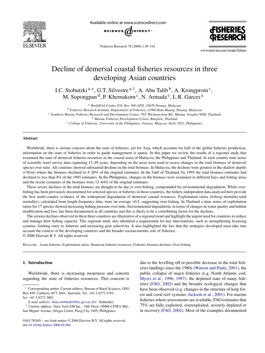 Decline of Demersal Coastal Fisheries Resources in Three Developing