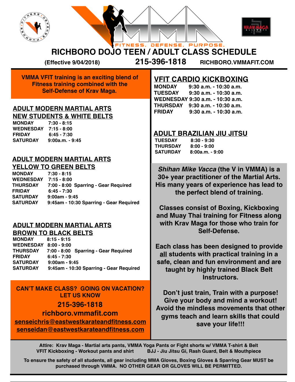 Richboro Dojo Teen / Adult Class Schedule 215-396-1818