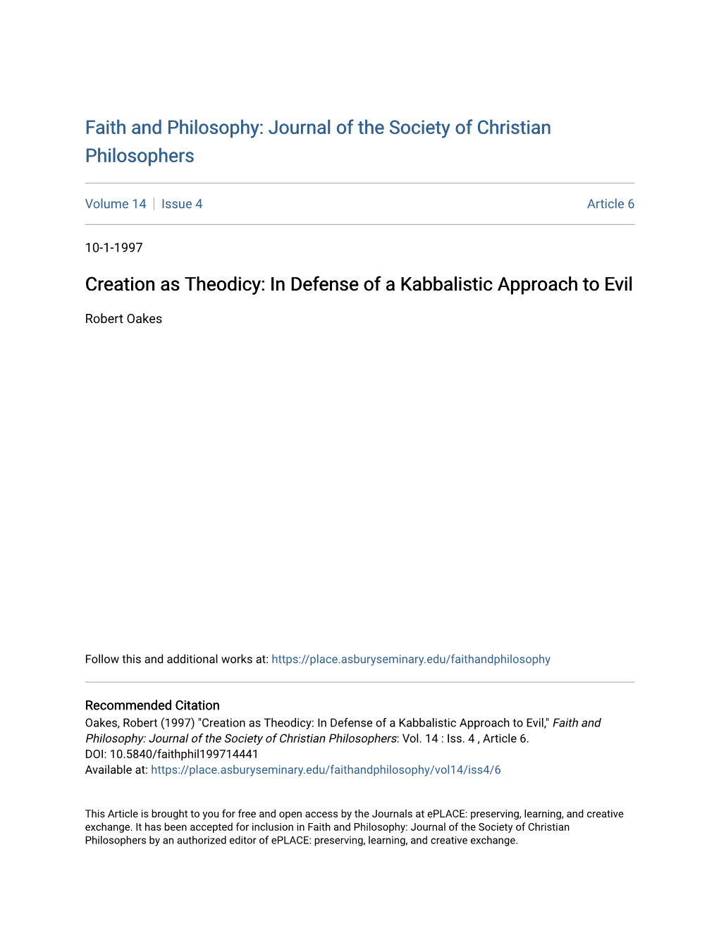 Creation As Theodicy: in Defense of a Kabbalistic Approach to Evil