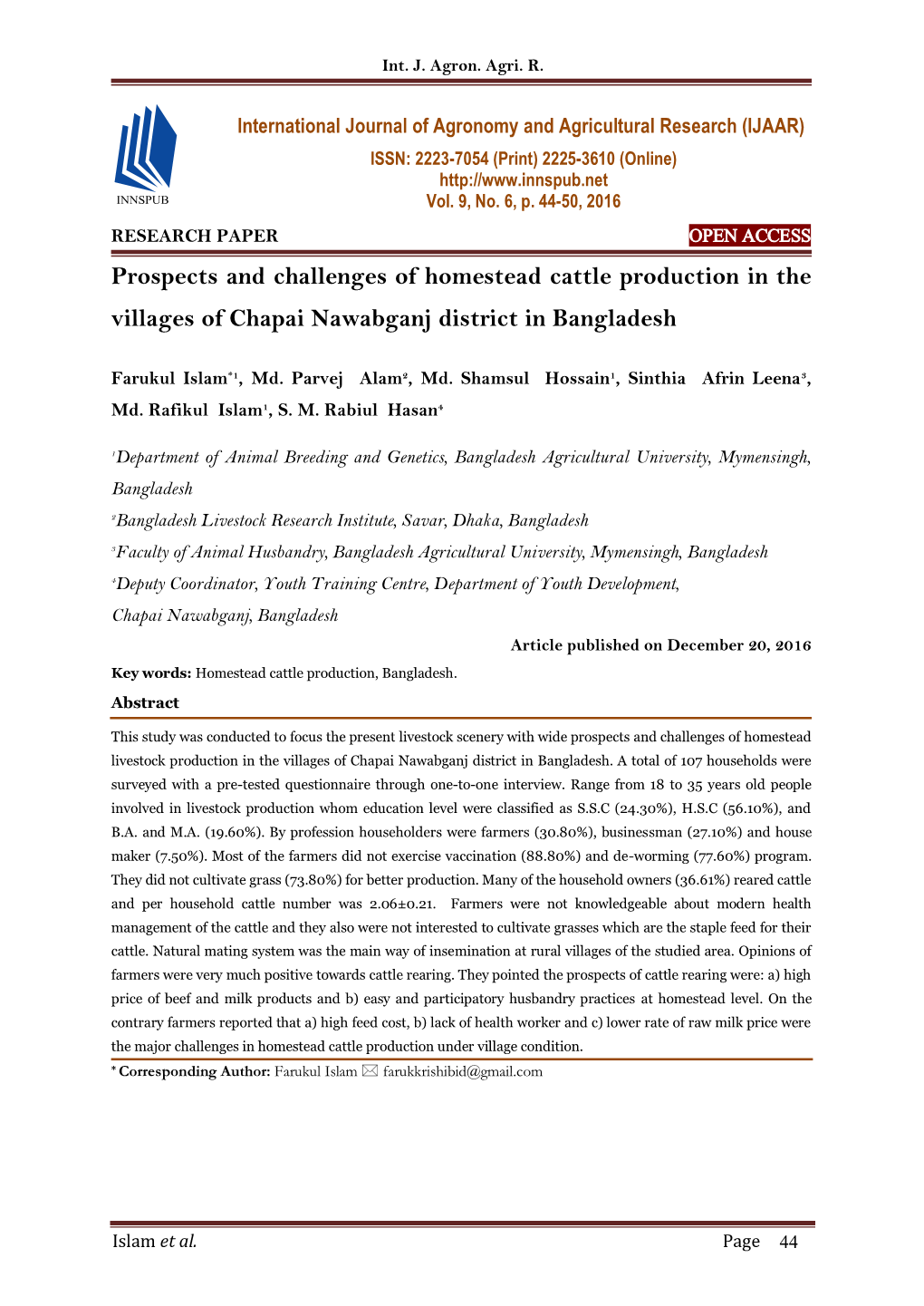 Prospects and Challenges of Homestead Cattle Production in the Villages of Chapai Nawabganj District in Bangladesh