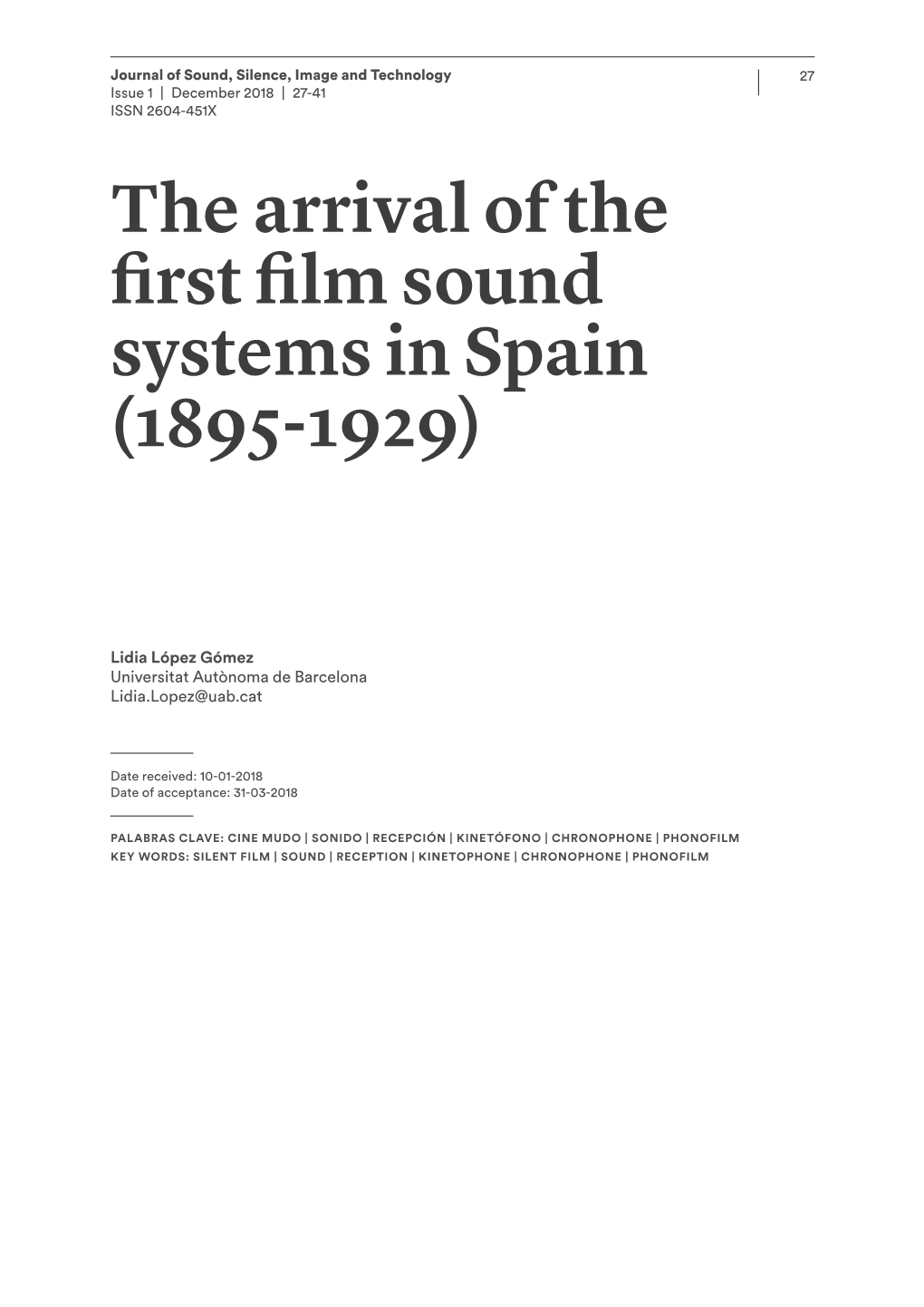 The Arrival of the First Film Sound Systems in Spain (1895-1929)