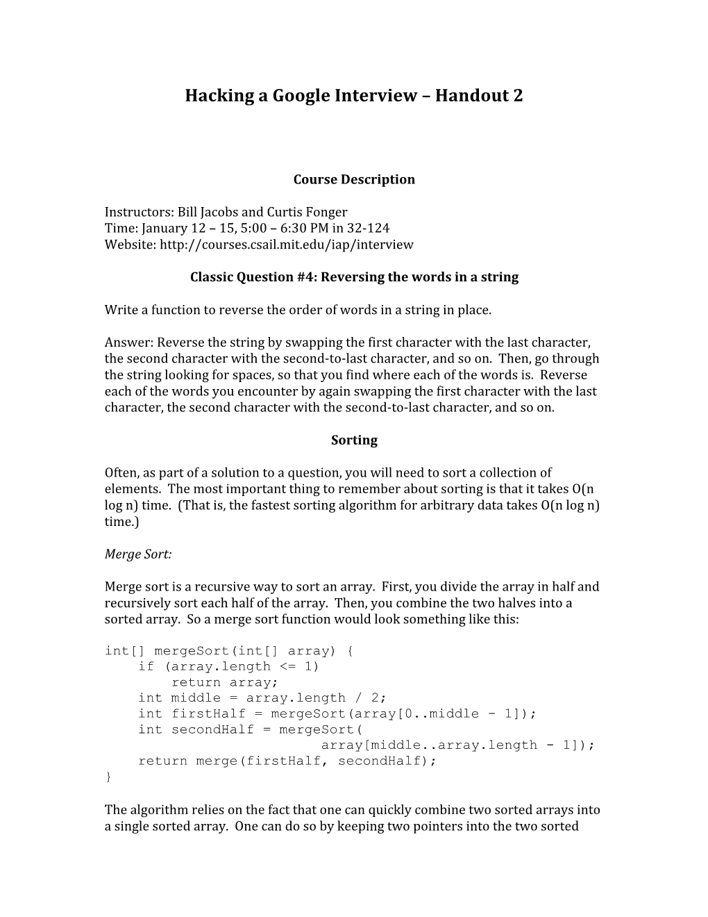 Hacking a Google Interview – Handout 2