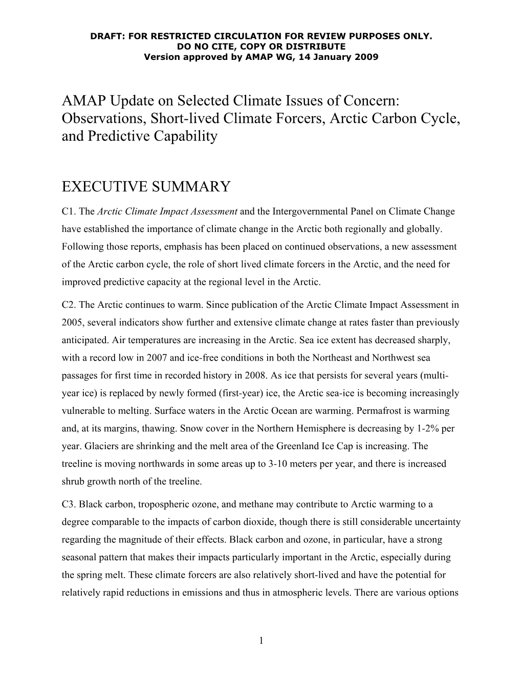 AMAP Update on Selected Climate Issues of Concern: Observations, Short-Lived Climate Forcers, Arctic Carbon Cycle, and Predictive Capability