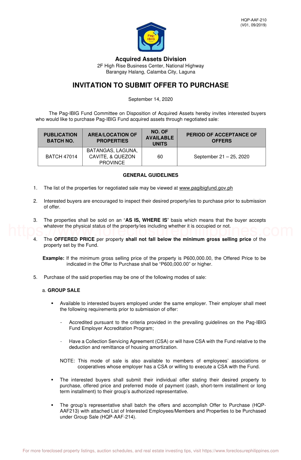 “Invitation to Submit Offer to Purchase” with General Guidelines