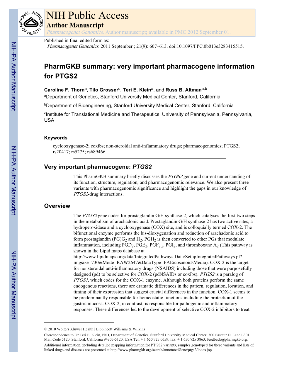 NIH Public Access Author Manuscript Pharmacogenet Genomics