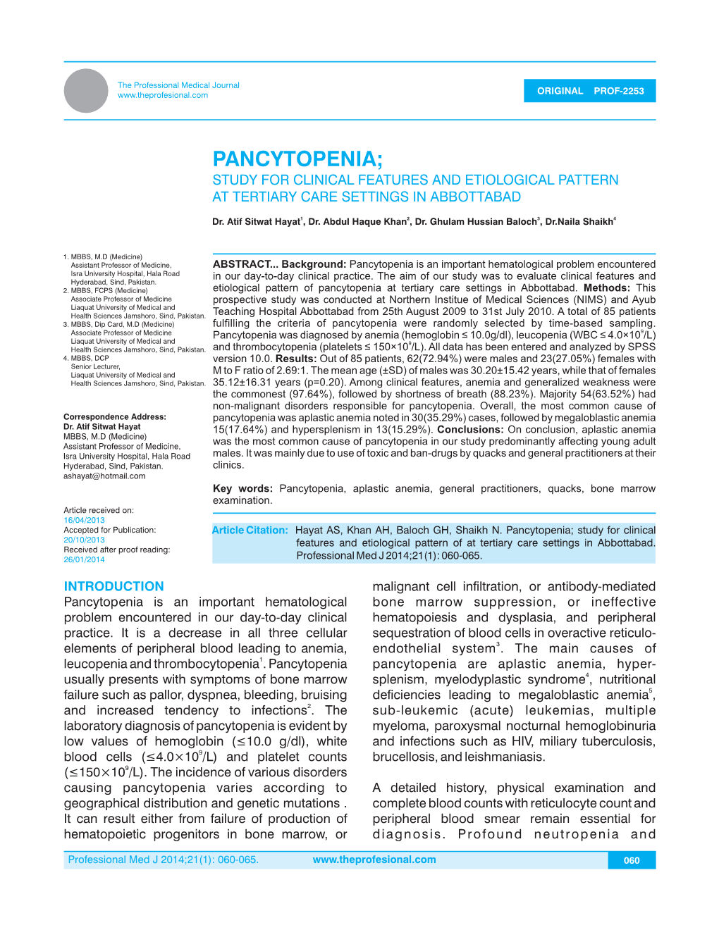 Pancytopenia; Study for Clinical Features and Etiological Pattern at Tertiary Care Settings in Abbottabad