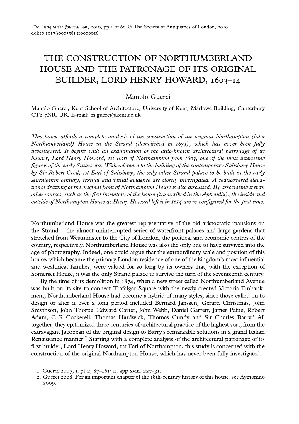 The Construction of Northumberland House and the Patronage of Its Original Builder, Lord Henry Howard, 1603–14