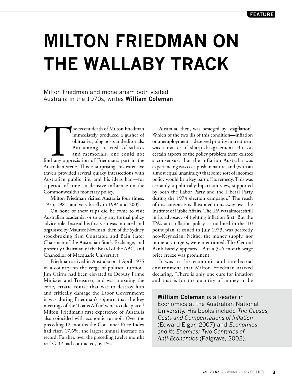 Milton Friedman on the Wallaby Track