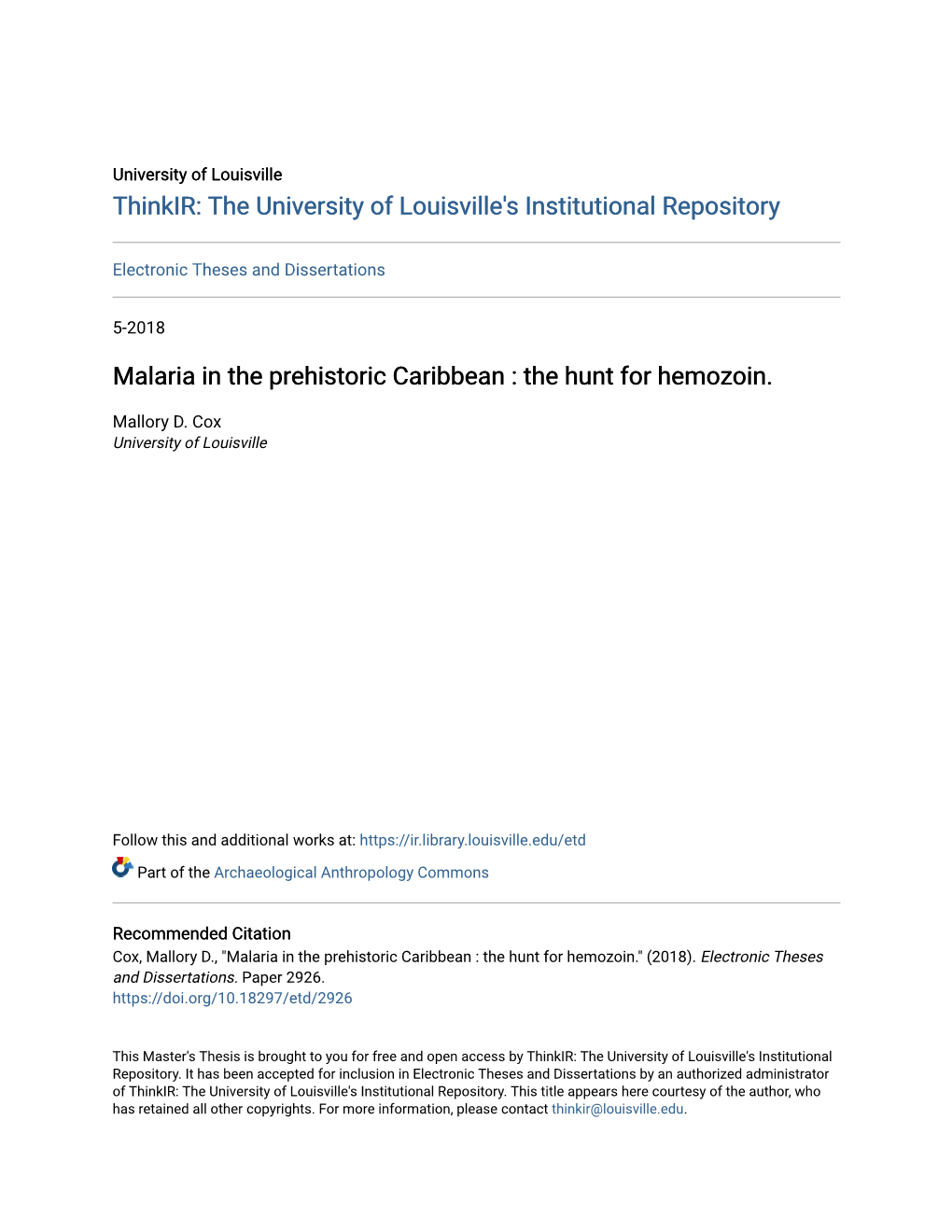 Malaria in the Prehistoric Caribbean : the Hunt for Hemozoin