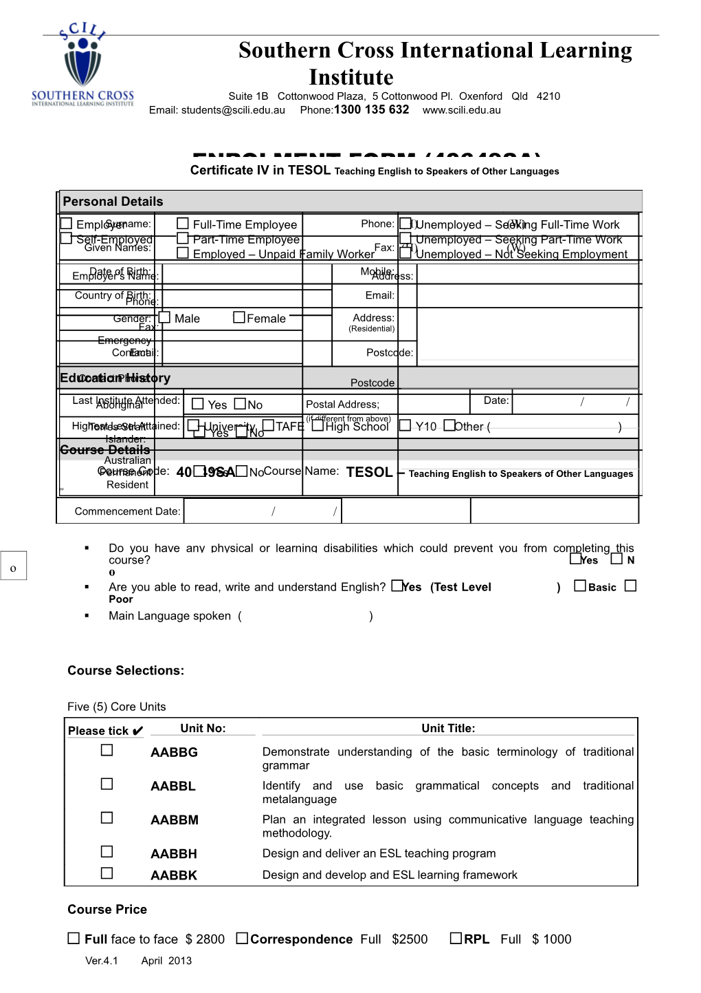 Southern Cross International Learning Institute SCILI Enrolment Form TESOL 40649SA