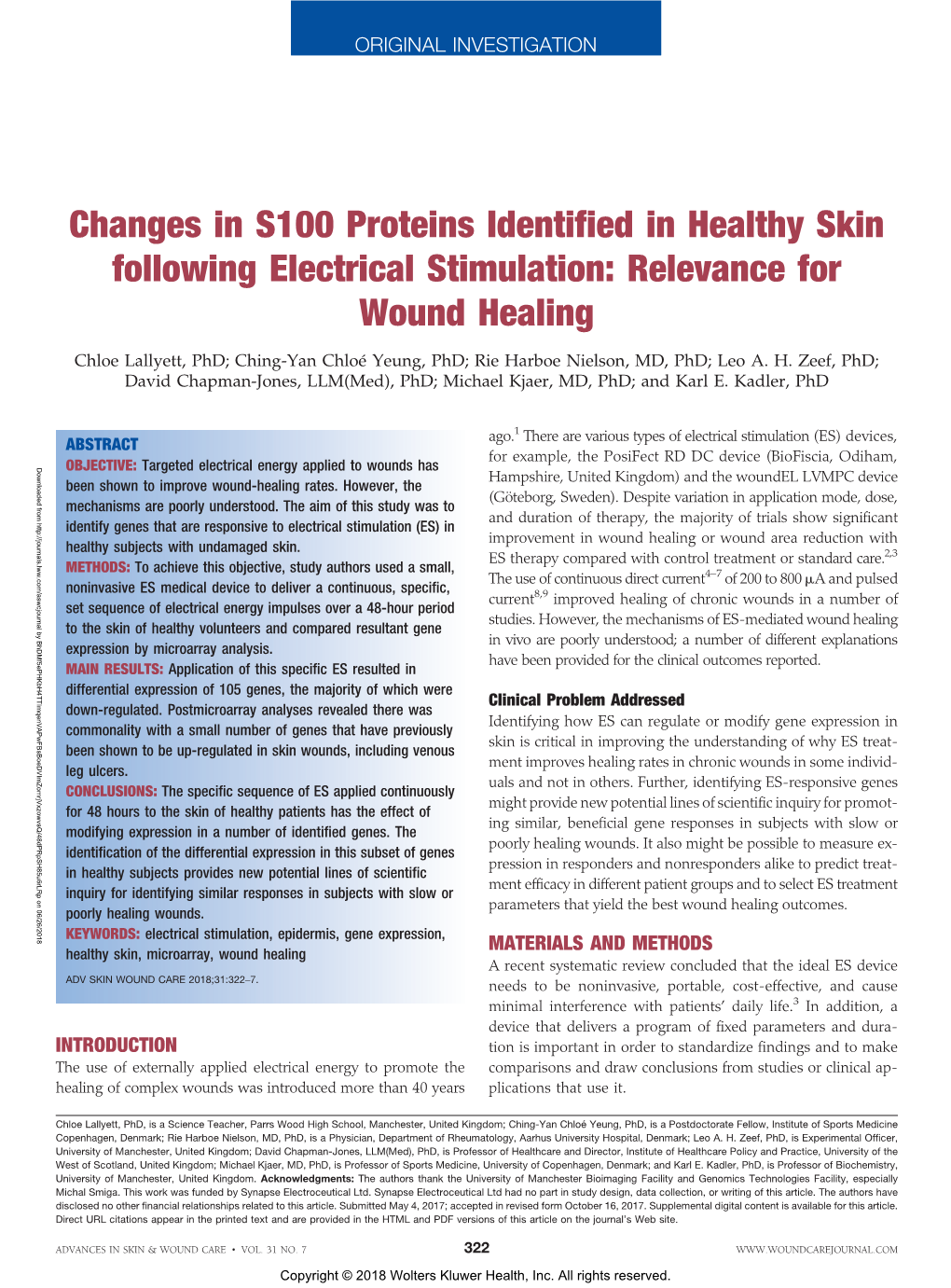 Changes in S100 Proteins Identified in Healthy Skin Following Electrical