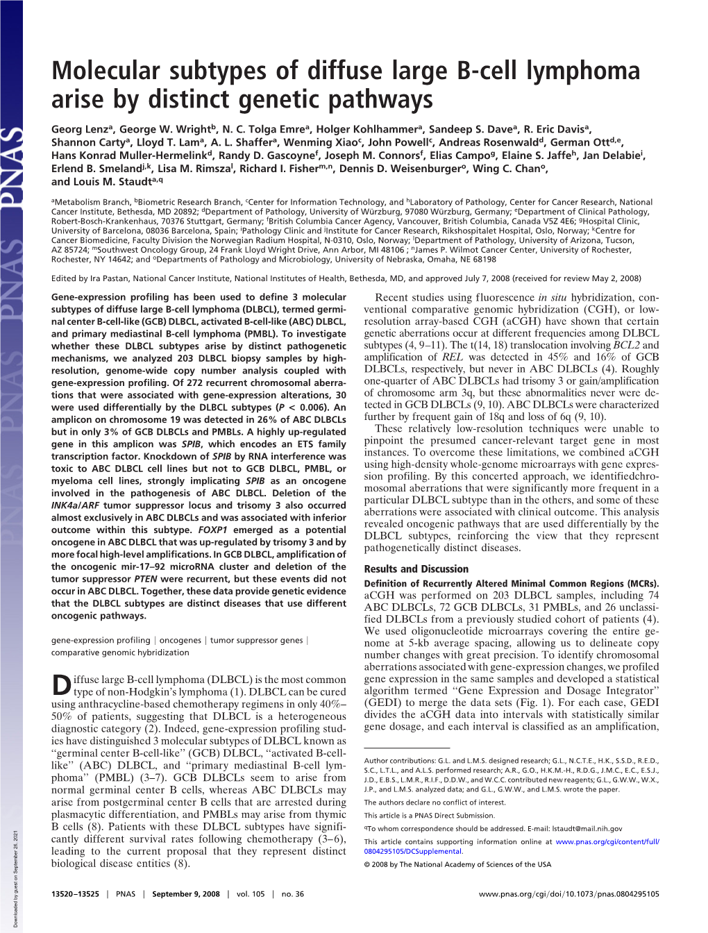 Molecular Subtypes of Diffuse Large B-Cell Lymphoma Arise by Distinct Genetic Pathways