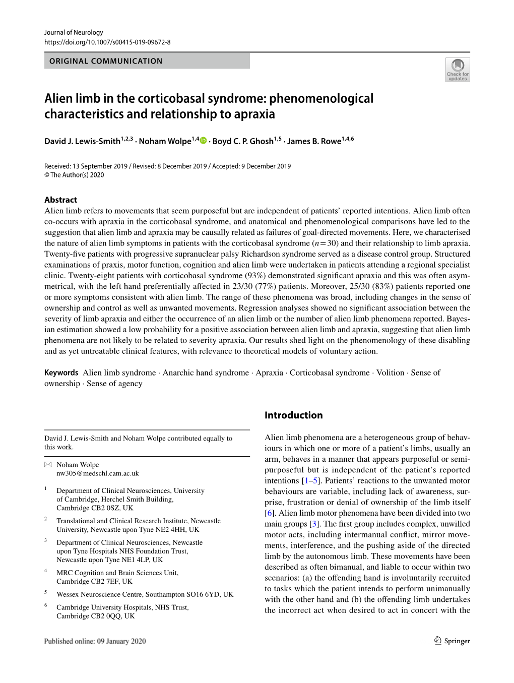 Alien Limb in the Corticobasal Syndrome: Phenomenological Characteristics and Relationship to Apraxia