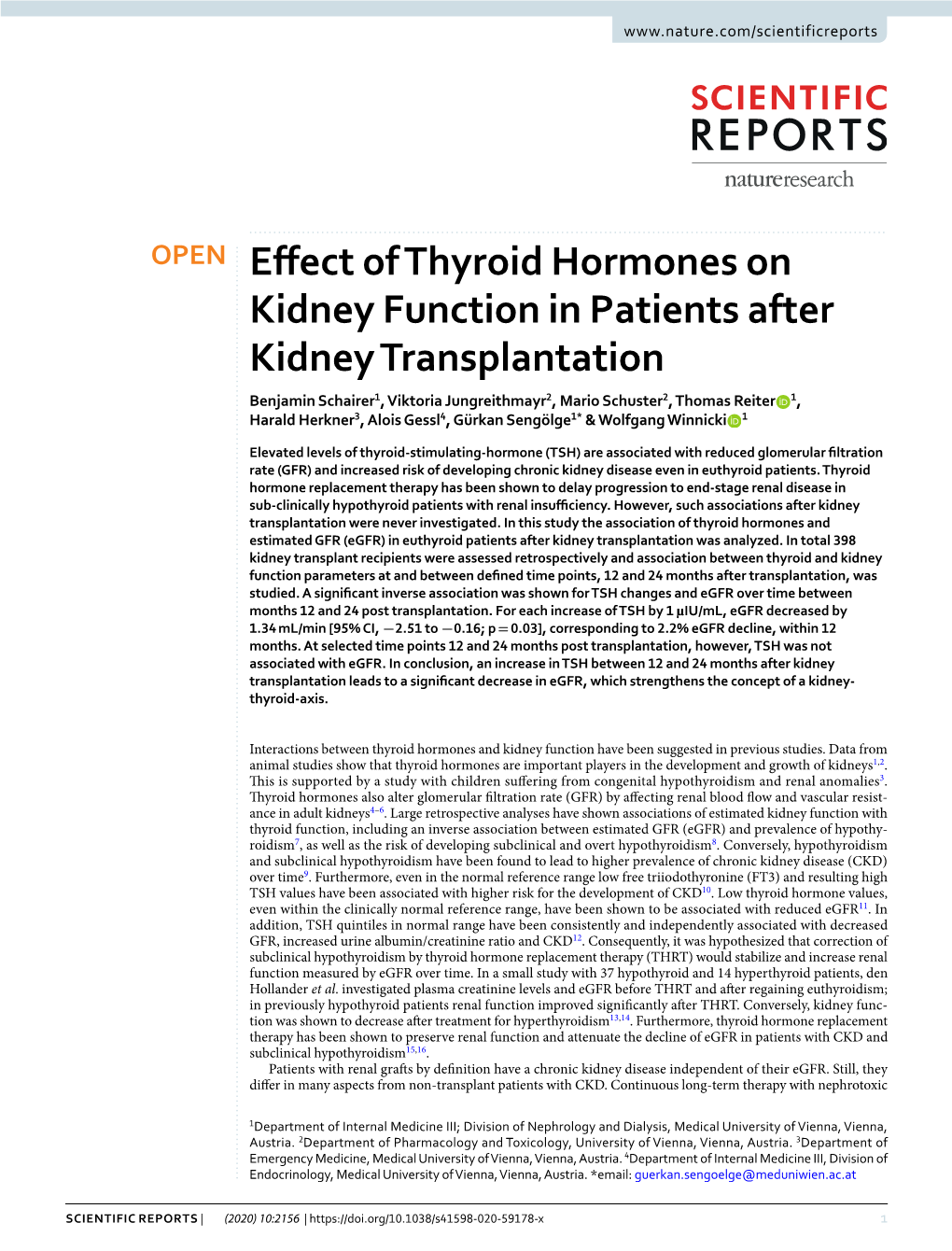 Effect of Thyroid Hormones on Kidney Function in Patients After