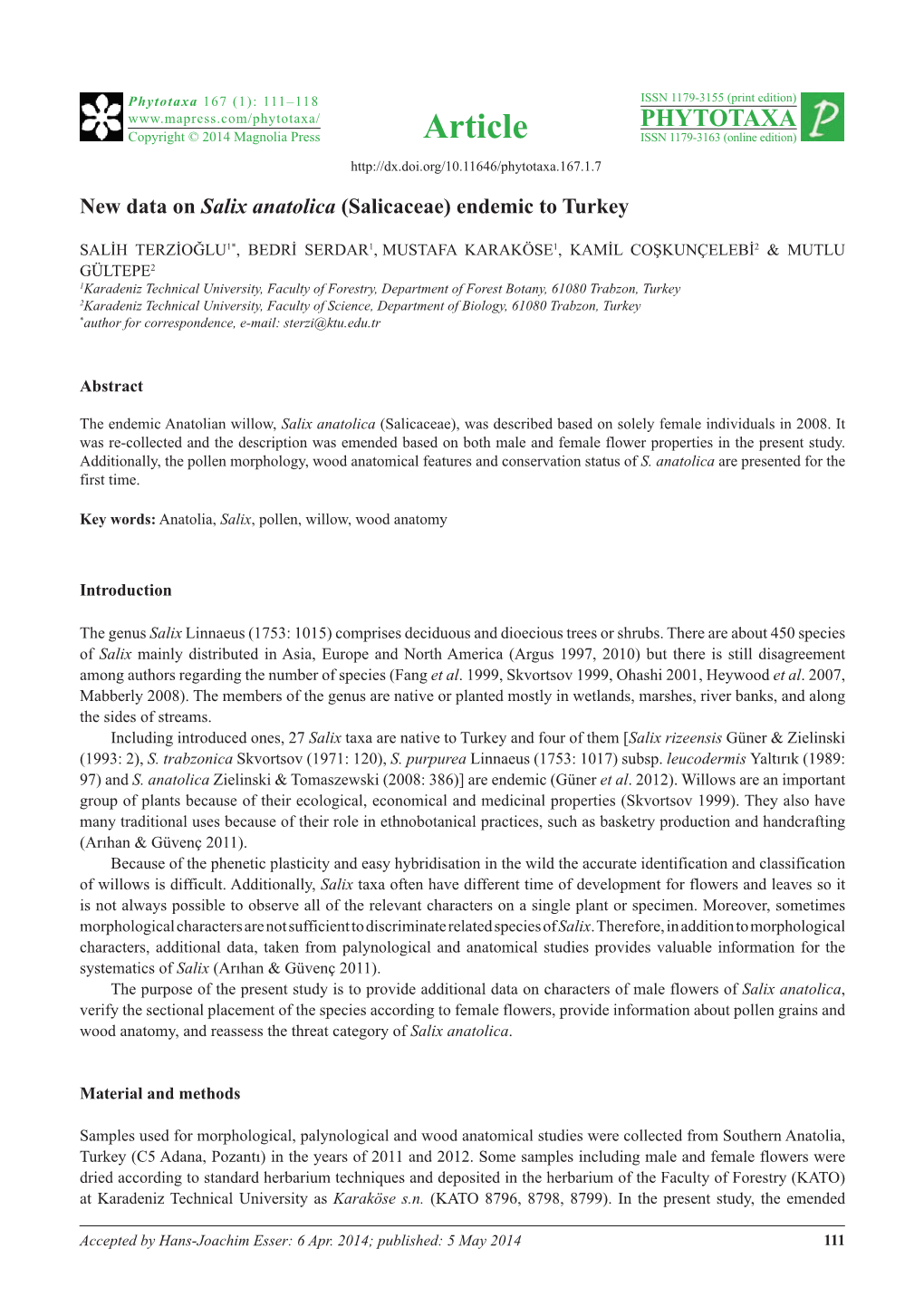 New Data on Salix Anatolica (Salicaceae) Endemic to Turkey