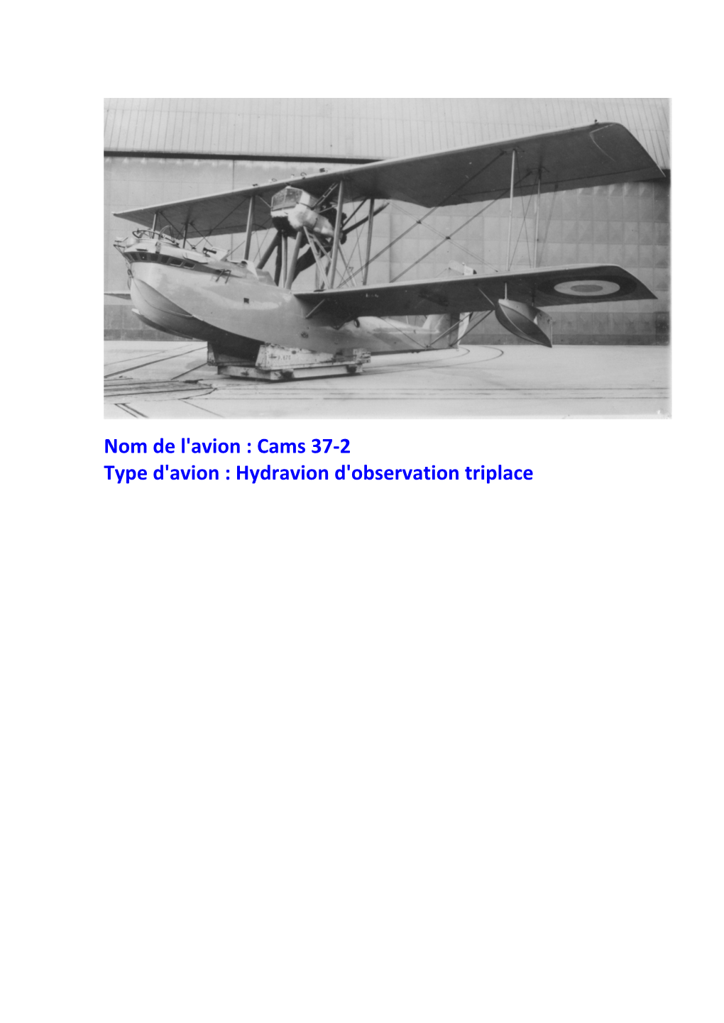 Nom De L'avion : Cams 37-2 Type D'avion : Hydravion D'observation Triplace MOTORISATION : Lorraine-Dietrich 12Ed