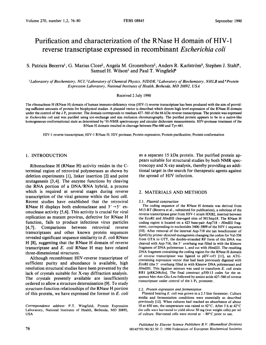 Purification and Characterization of the Reverse Transcriptase Expressed In