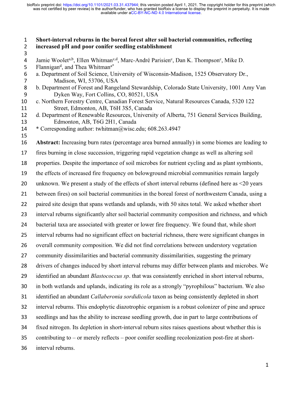 Short-Interval Reburns in the Boreal Forest Alter Soil Bacterial Communities, Reflecting Increased Ph and Poor Conifer Seedling