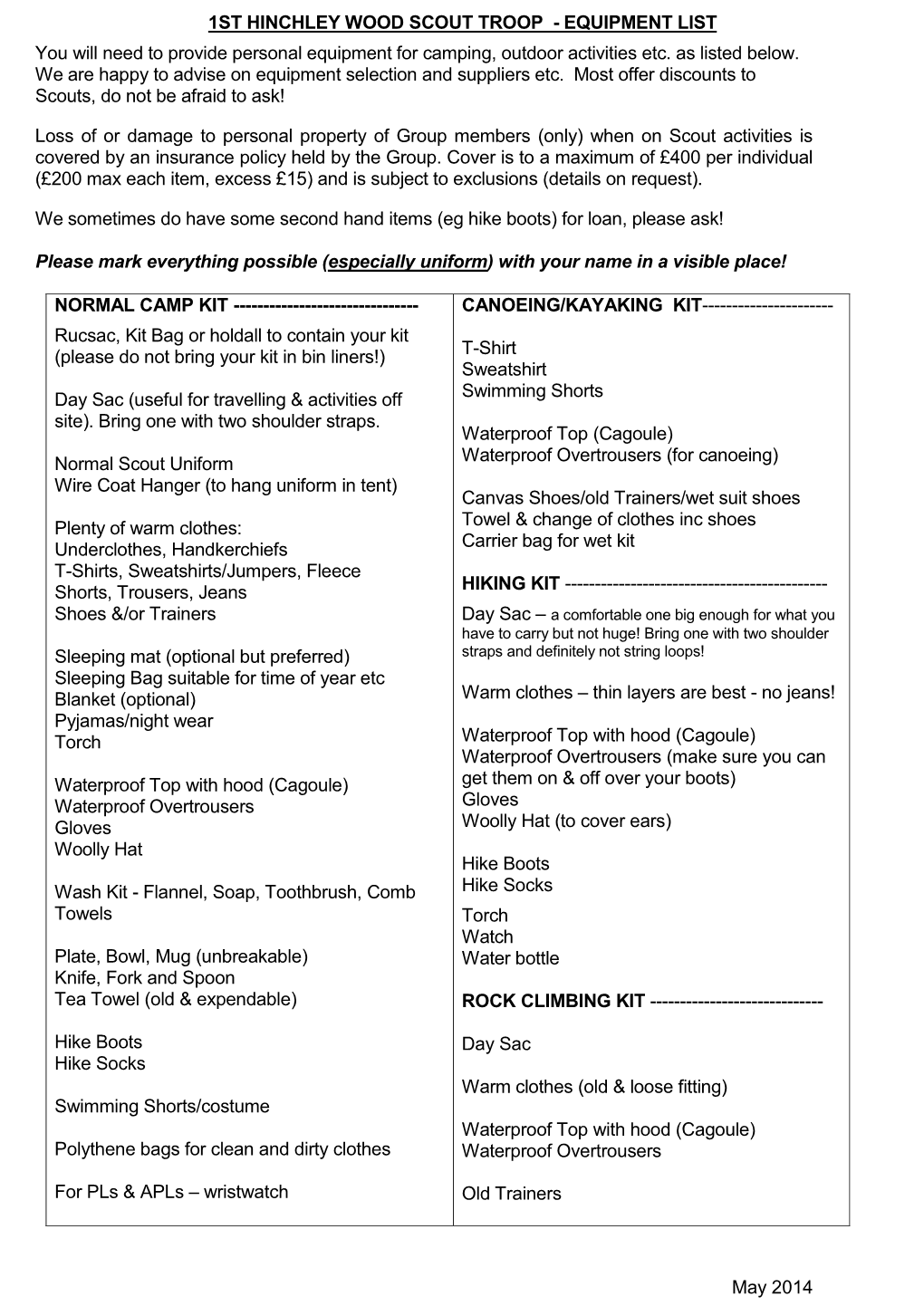 1ST HINCHLEY WOOD SCOUT TROOP - EQUIPMENT LIST You Will Need to Provide Personal Equipment for Camping, Outdoor Activities Etc