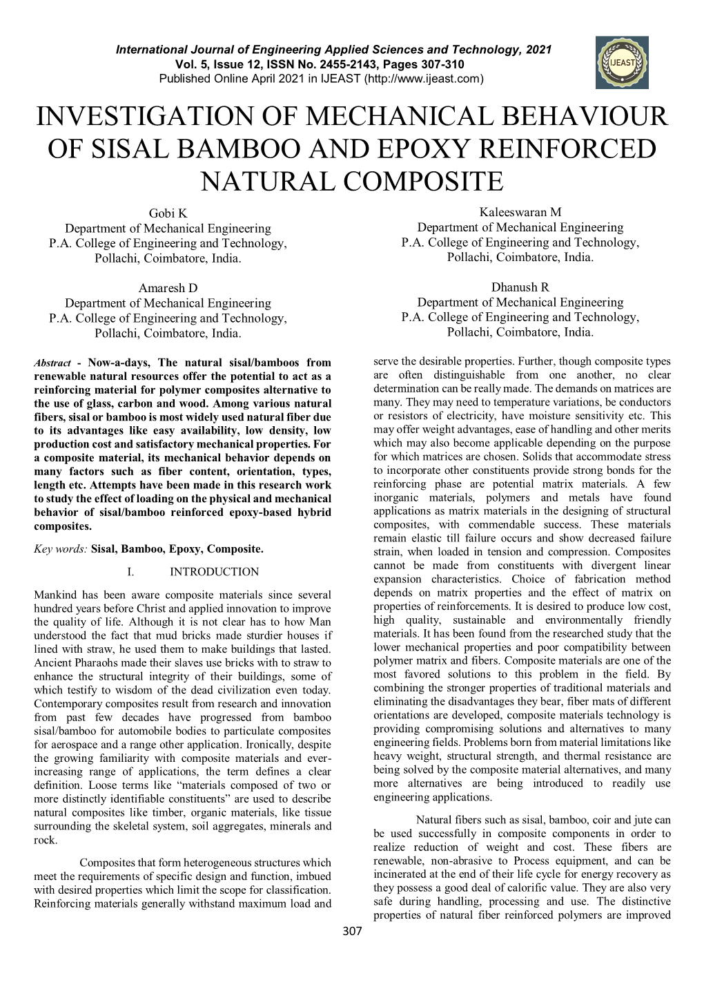 Investigation of Mechanical Behaviour of Sisal Bamboo and Epoxy Reinforced Natural Composite