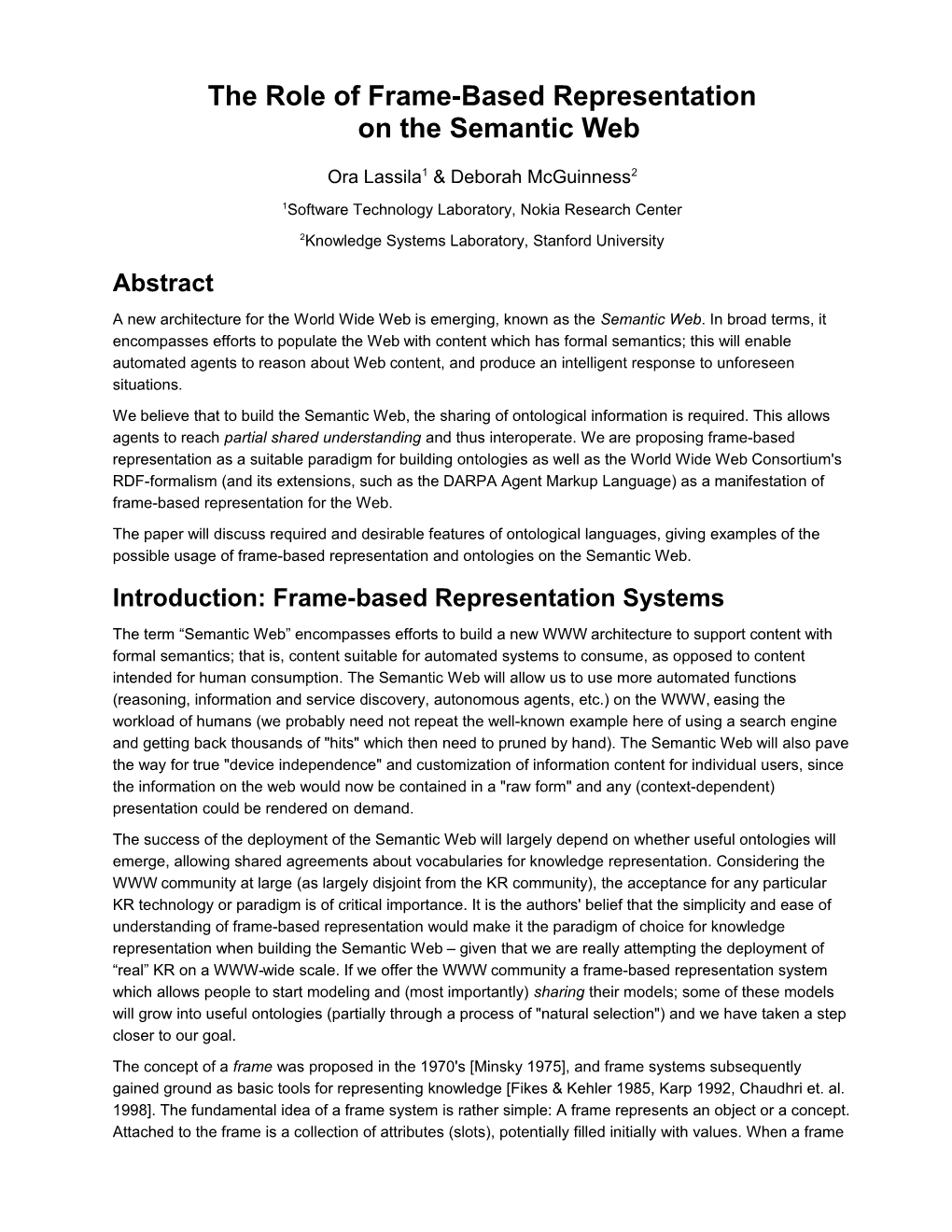 The Role of a Frame-Based Representation on the Semantic Web