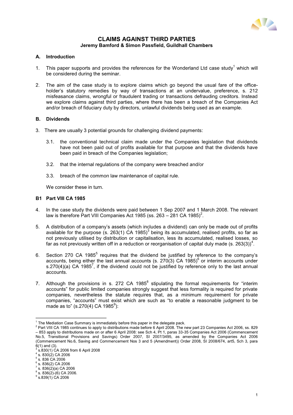 CLAIMS AGAINST THIRD PARTIES Jeremy Bamford & Simon Passfield, Guildhall Chambers