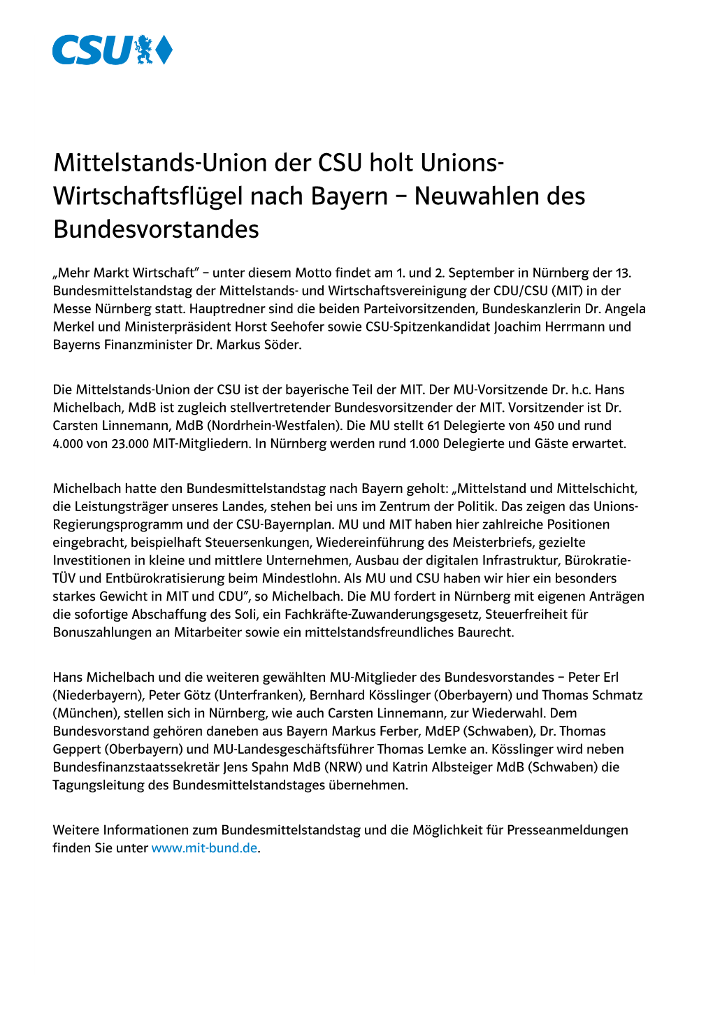 Mittelstands-Union Der CSU Holt Unions-Wirtschaftsflügel