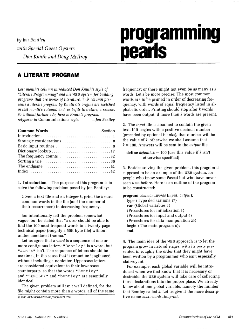 Programming Pearls: a Literate Program