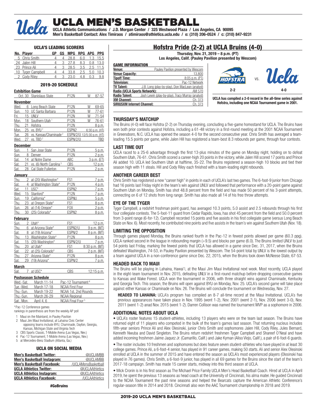 UCLA Men's Basketball UCLA’Sucla SEASON/Careerseason/Career Statistics (As of Nov 18, STATS 2019) 2019-20All Gamesroster