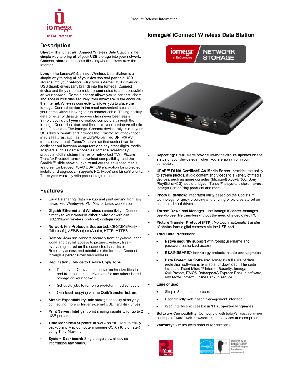 Iomega® Iconnect Wireless Data Station Description Features