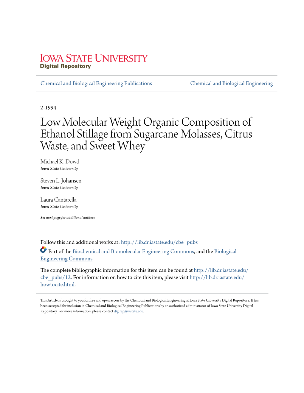 Low Molecular Weight Organic Composition of Ethanol Stillage from Sugarcane Molasses, Citrus Waste, and Sweet Whey Michael K