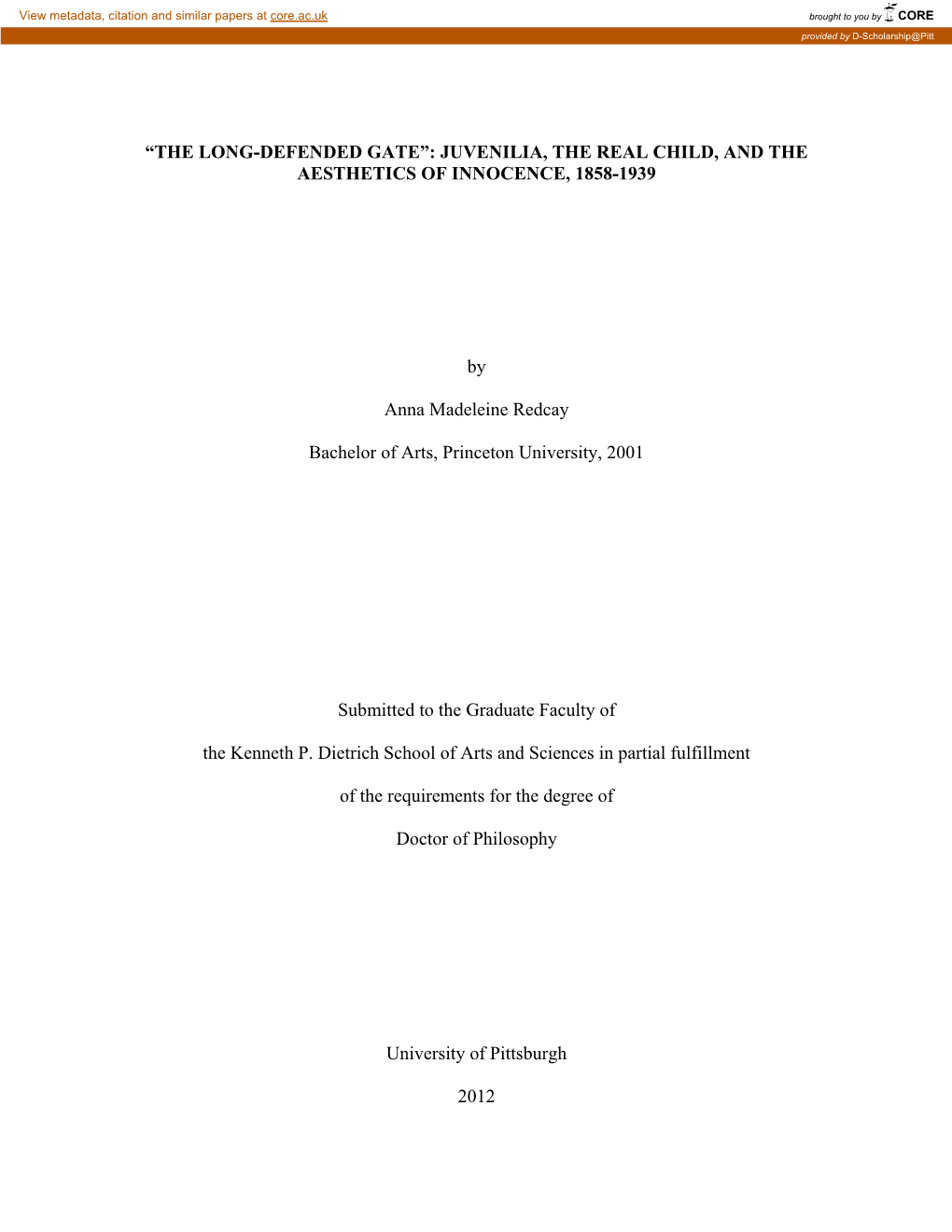 “The Long-Defended Gate”: Juvenilia, the Real Child, and the Aesthetics of Innocence, 1858-1939