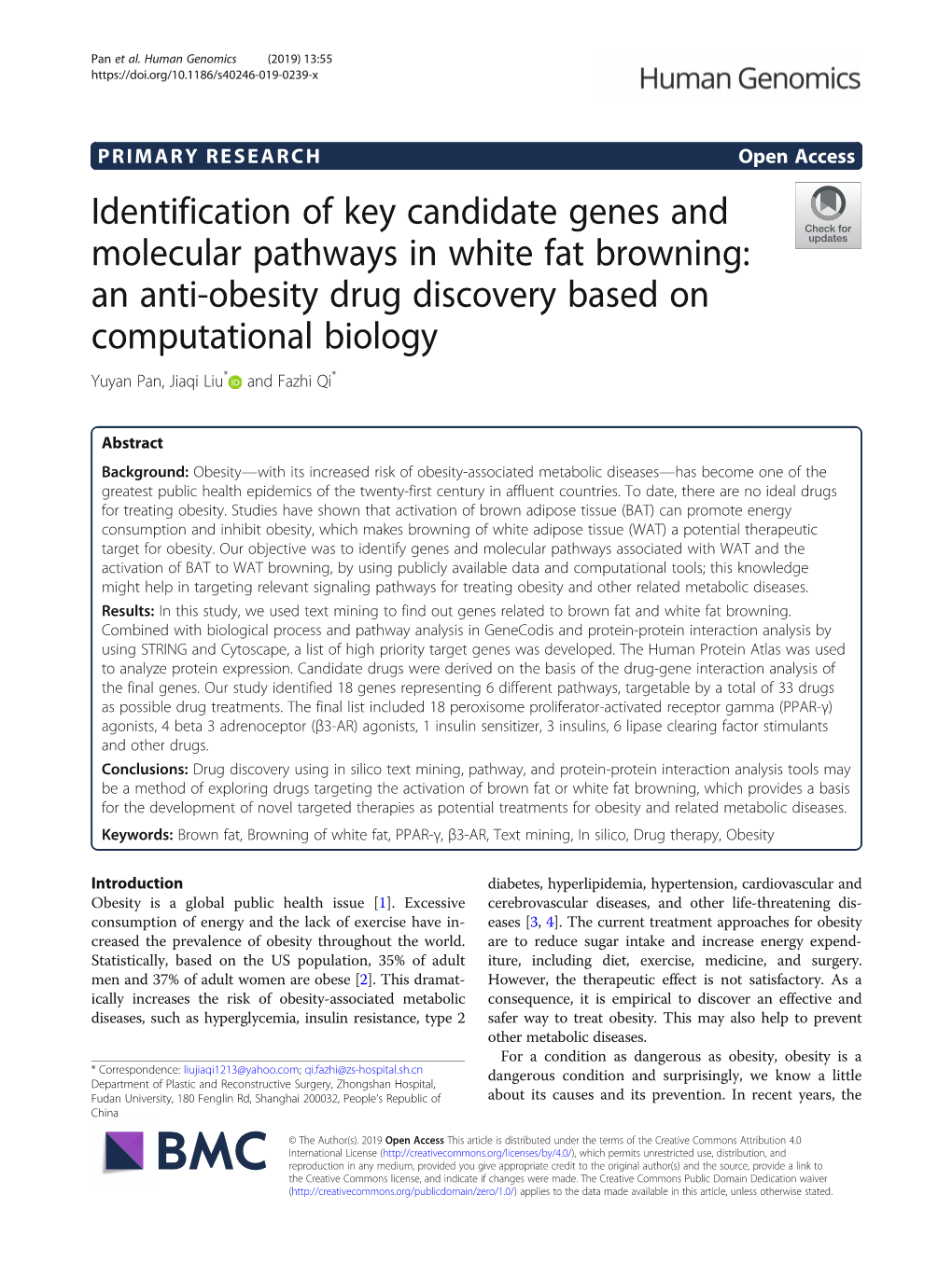 Identification of Key Candidate Genes and Molecular Pathways in White Fat