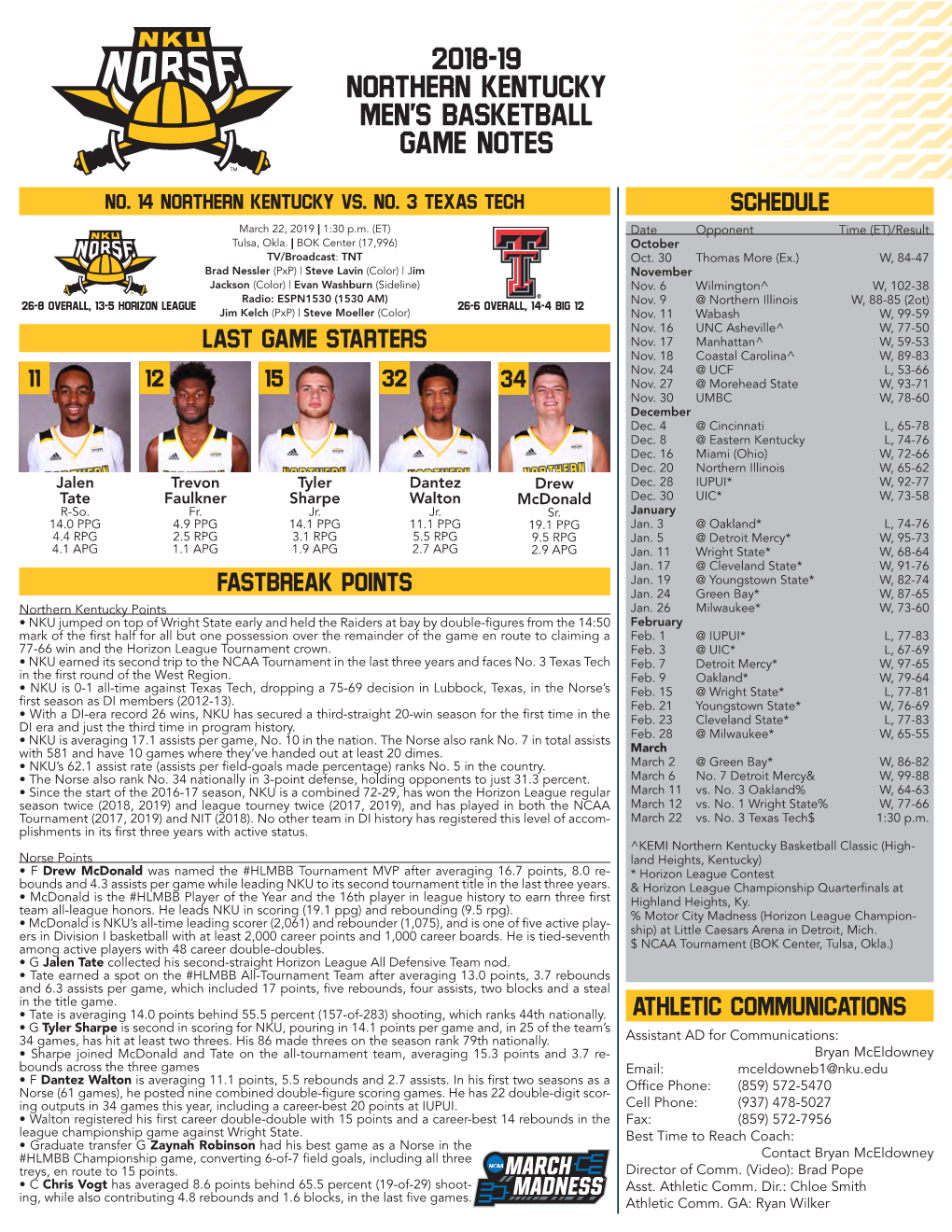 2018-19 Northern Kentucky Men's Basketball Game Notes