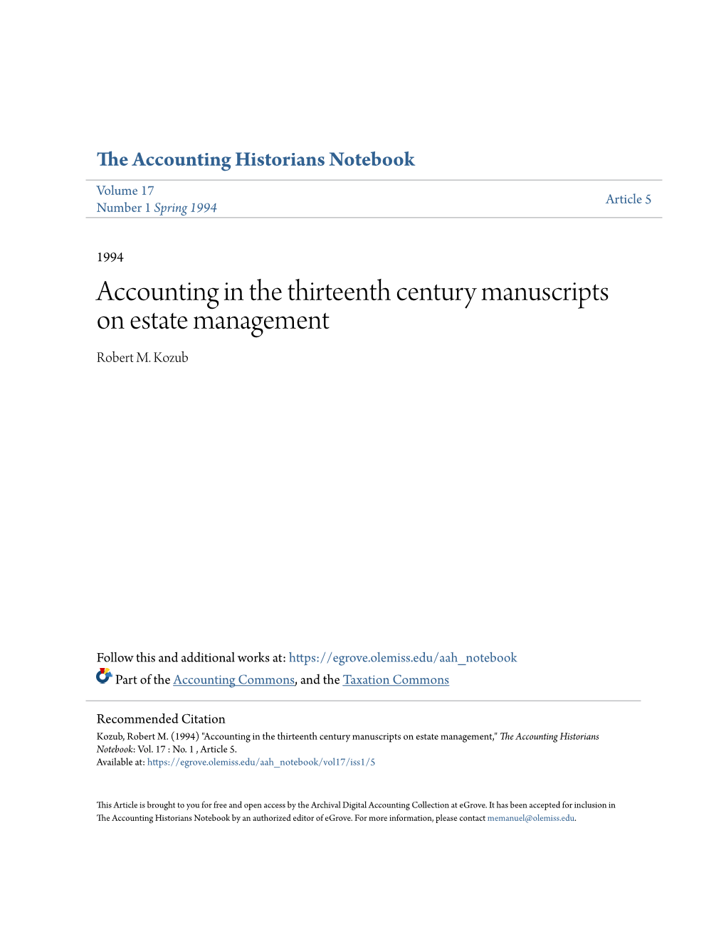 Accounting in the Thirteenth Century Manuscripts on Estate Management Robert M