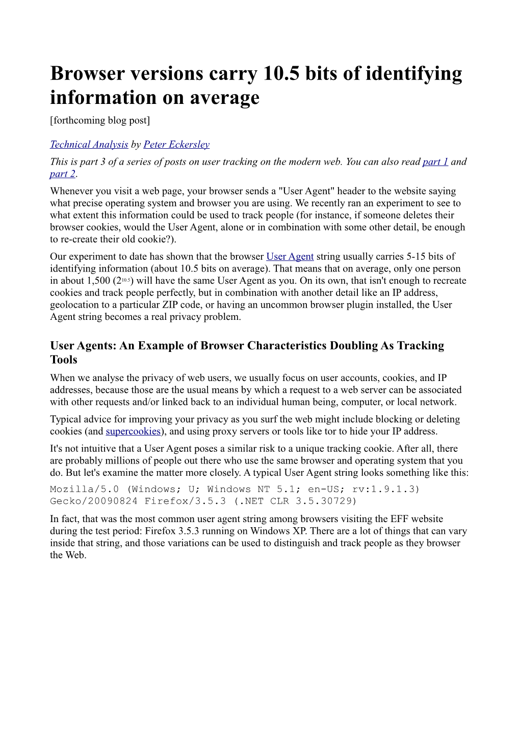 Browser Versions Carry 10.5 Bits of Identifying Information on Average [Forthcoming Blog Post]