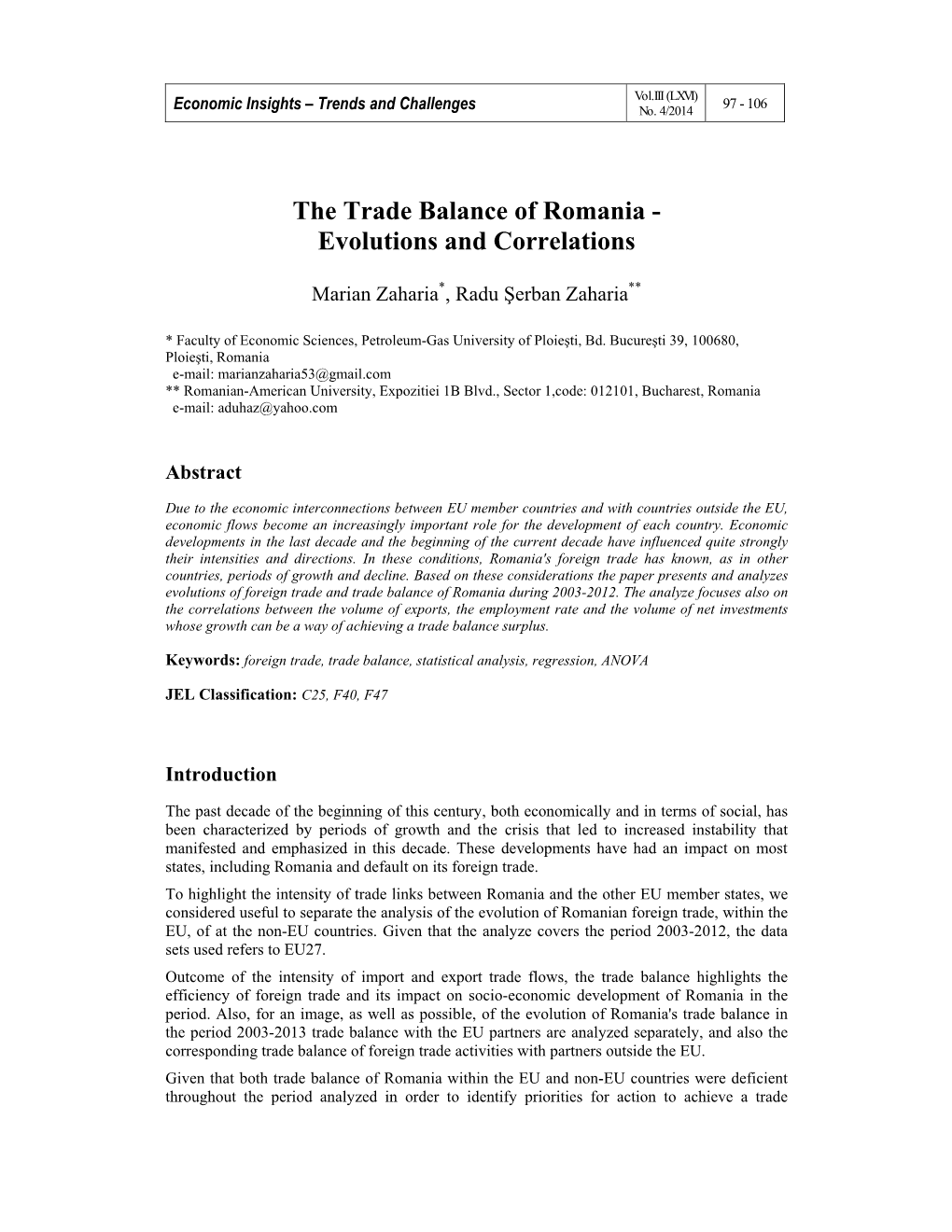 The Trade Balance of Romania - Evolutions and Correlations