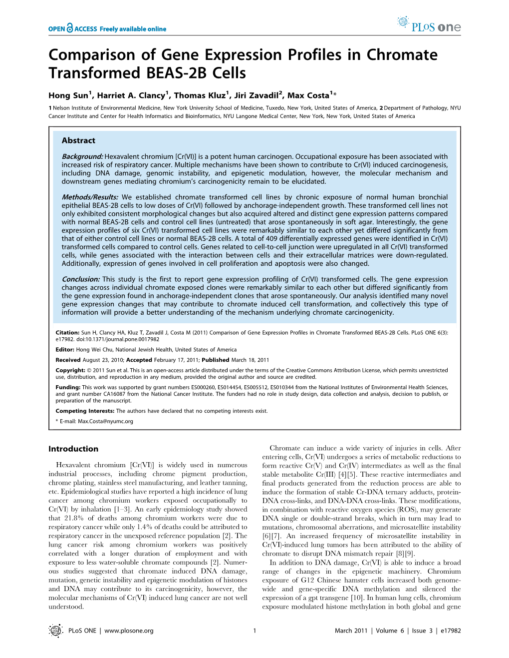 Comparison of Gene Expression Profiles in Chromate Transformed BEAS-2B Cells