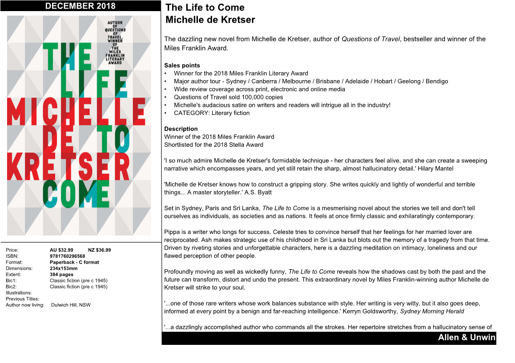 The Life to Come Michelle De Kretser