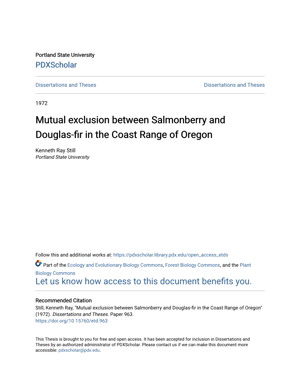 Mutual Exclusion Between Salmonberry and Douglas-Fir in the Coast Range of Oregon