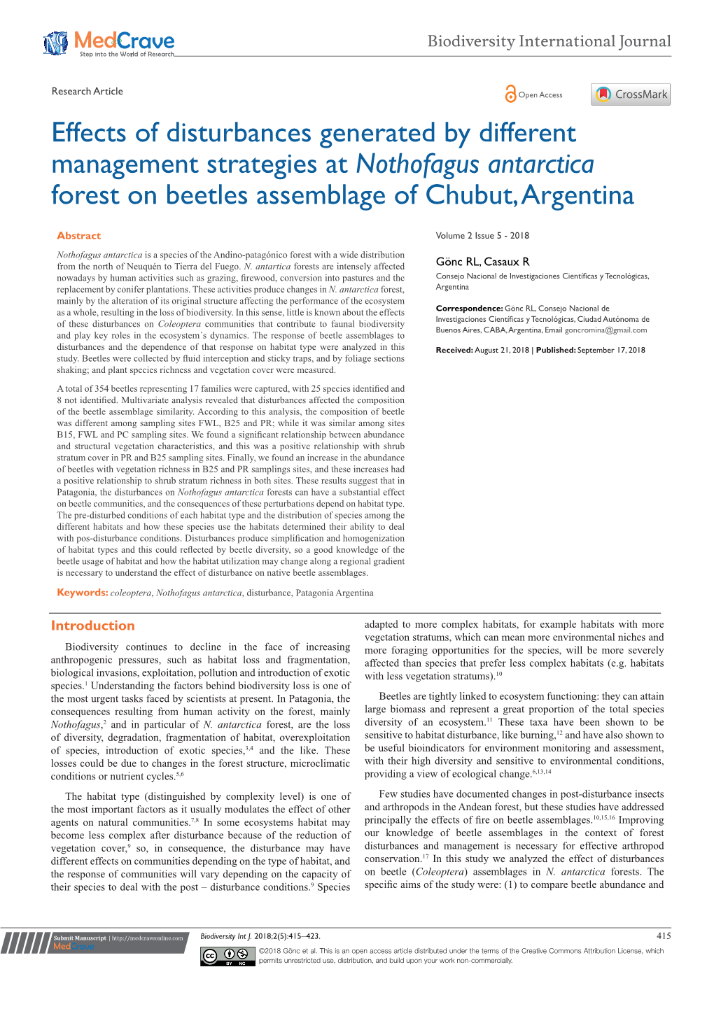 Effects of Disturbances Generated by Different Management Strategies at Nothofagus Antarctica Forest on Beetles Assemblage of Chubut, Argentina
