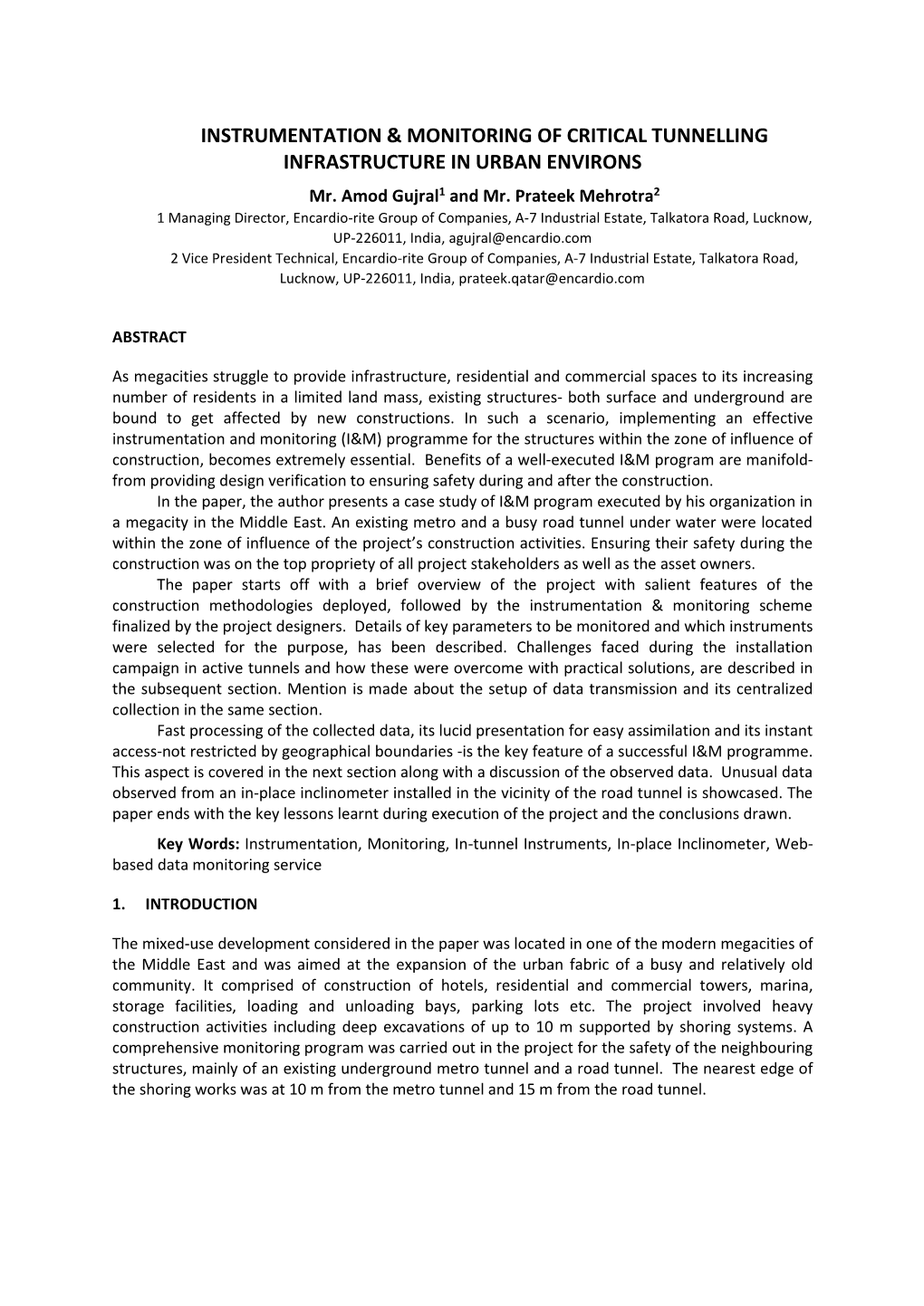 Existing Critical Tunnel Online Monitoring