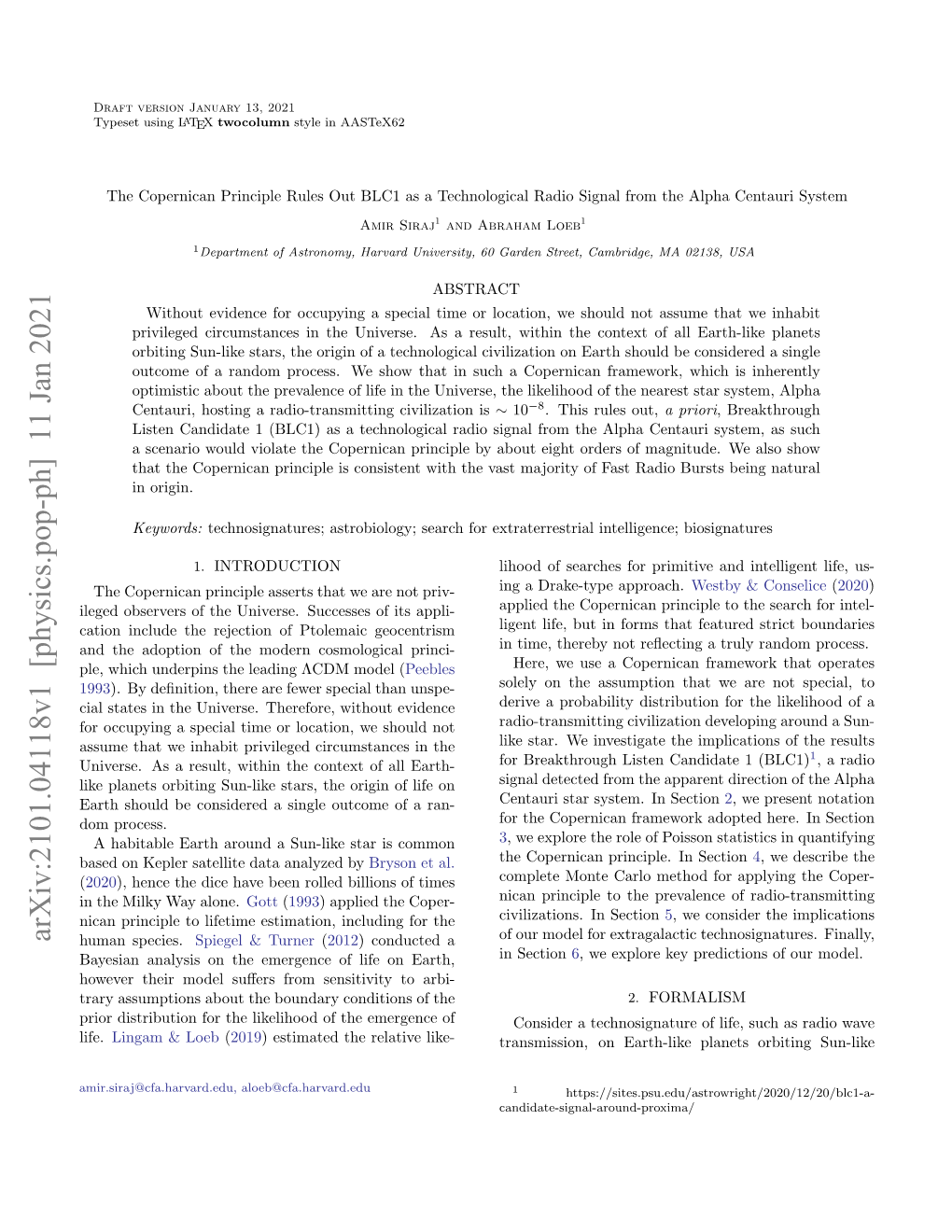 The Copernican Principle Rules out BLC1 As a Technological Radio Signal from the Alpha Centauri System