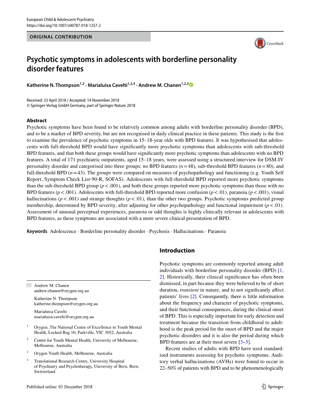 Psychotic Symptoms in Adolescents with Borderline Personality Disorder Features