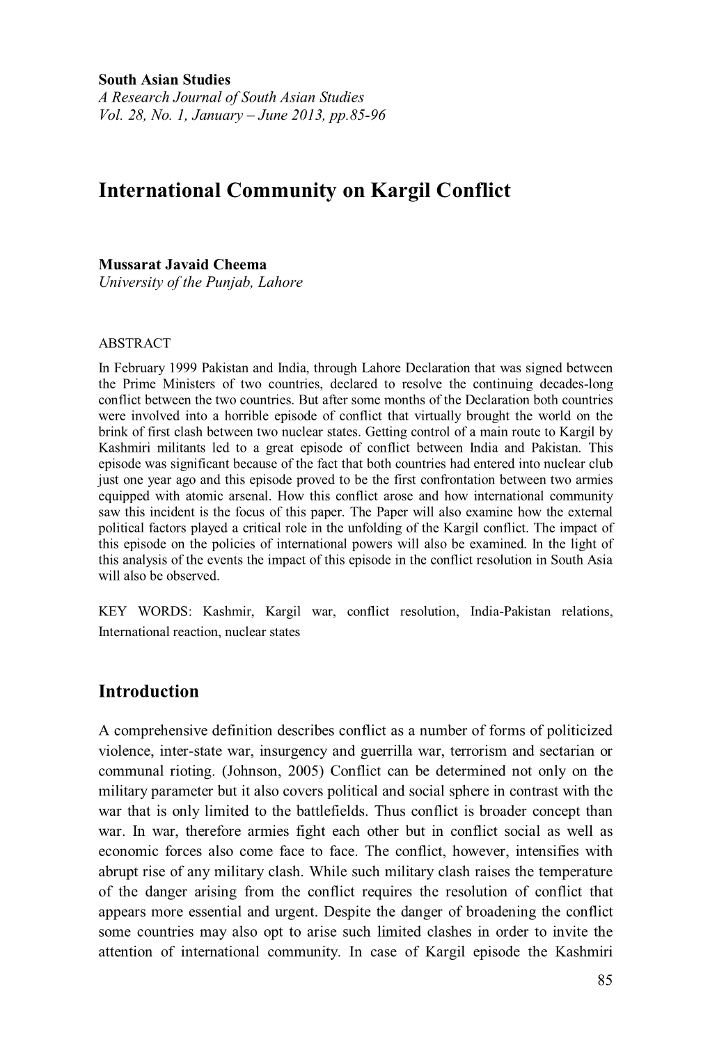 International Community on Kargil Conflict, South Asian Studies, 28-I