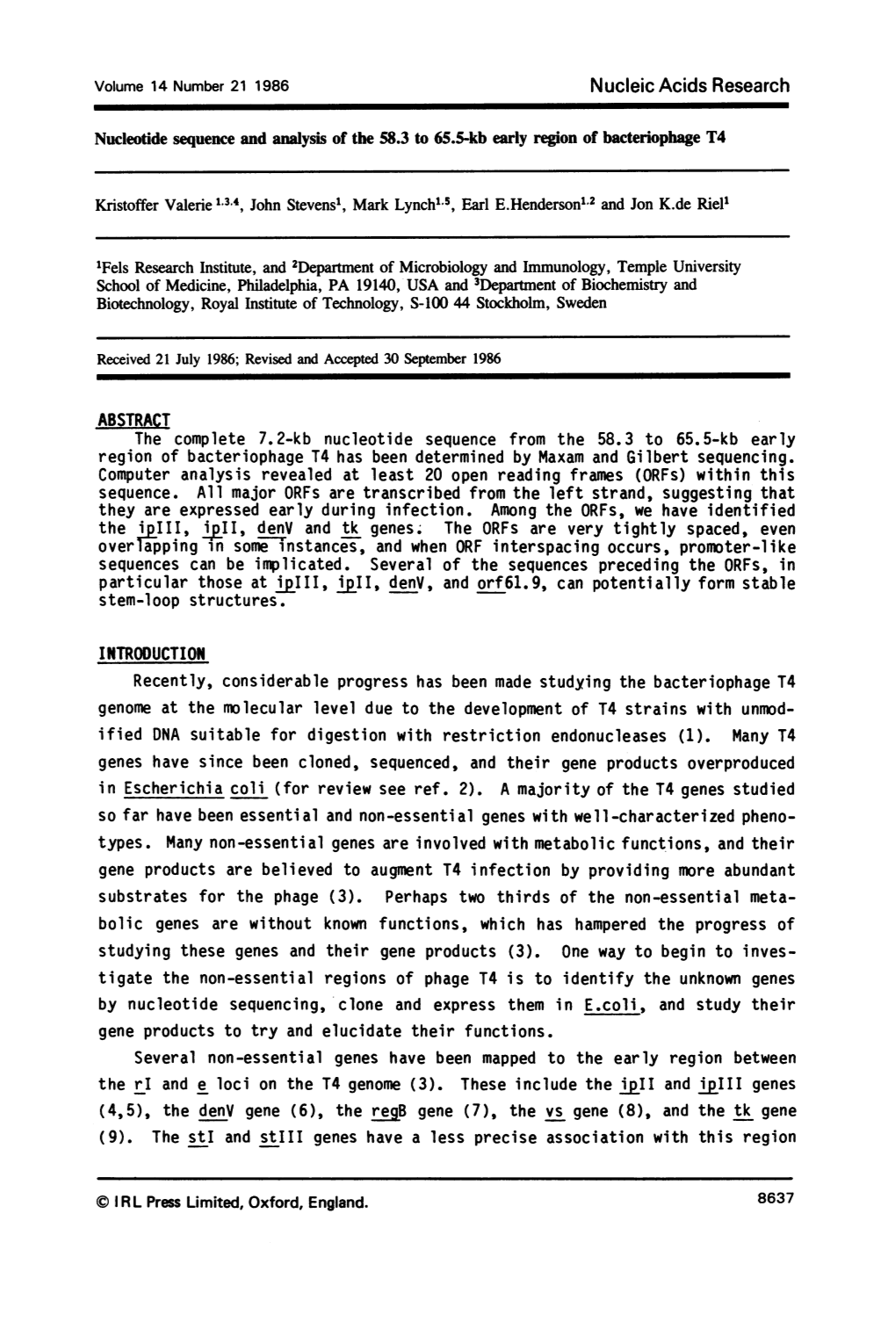 Nucleotide Sequence and Analysis of the 58.3 to 65.5-Kb Early Region of Bacteriophage T4