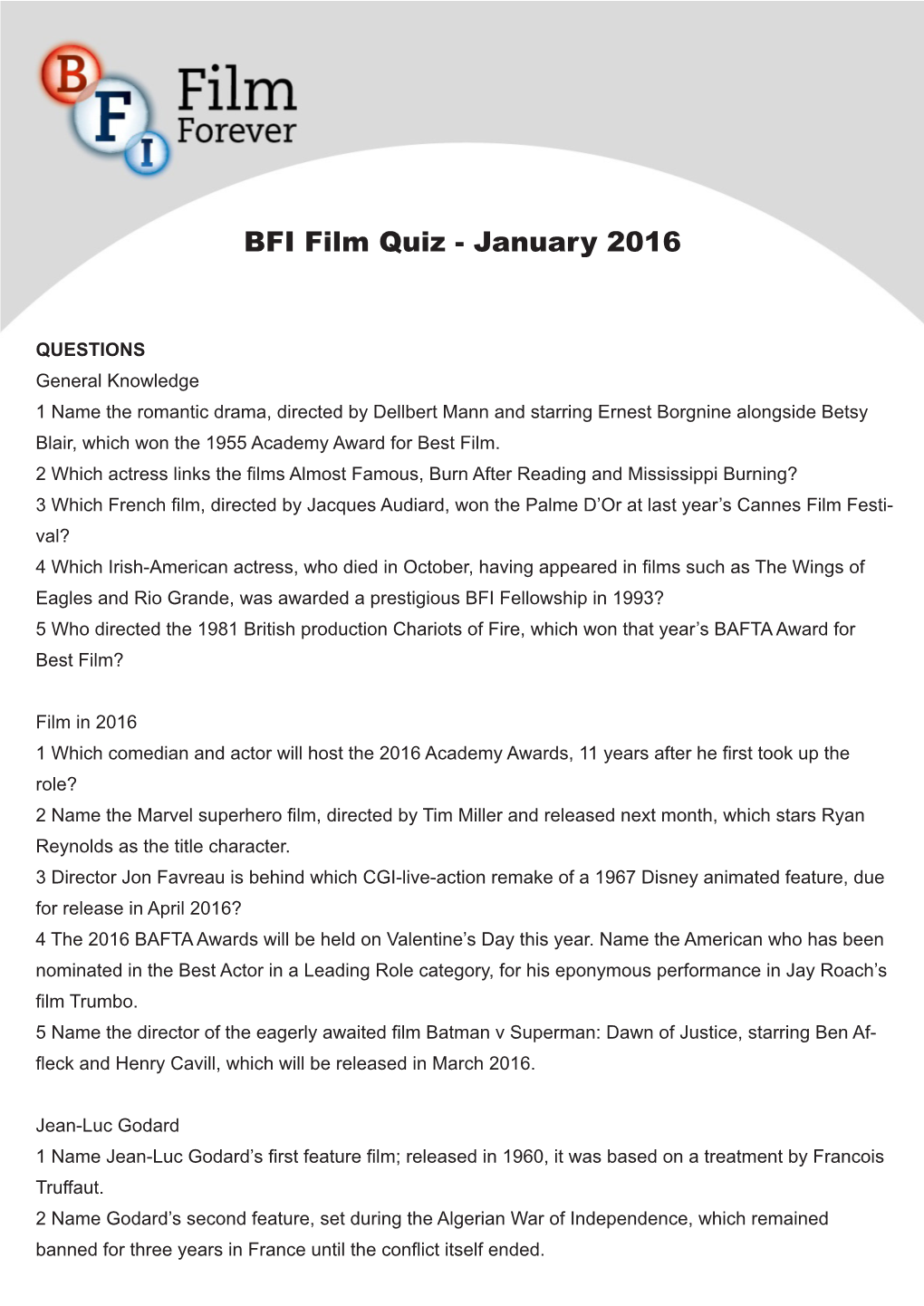 BFI Film Quiz - January 2016